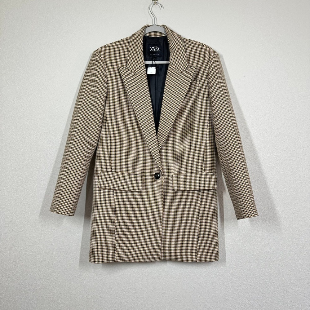 Zara Size Small Oversized Tan Black Checkered Blazer Jacket Academia Blokecore